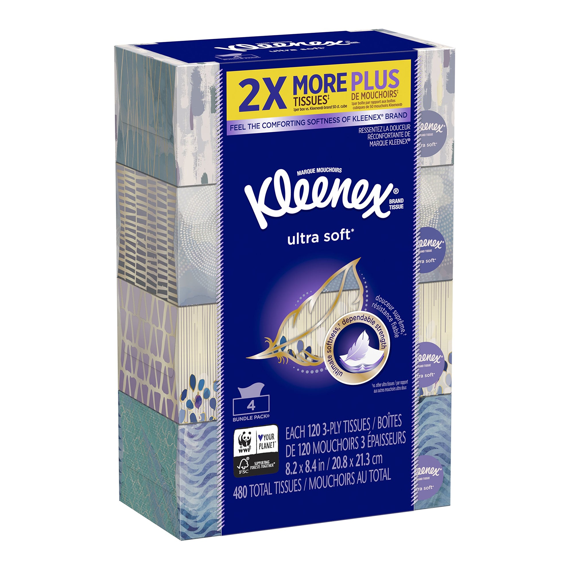 Kleenex Ultra Soft Facial Tissues, 4 Flat Boxes, 120 White Tissues